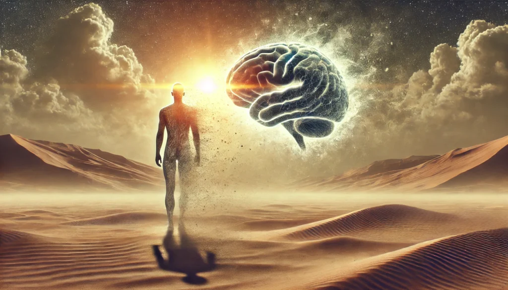 A surreal representation of dehydration and cognition, portraying a human figure standing in a vast desert with heat waves distorting the air while a translucent brain dissolves into mist above, symbolizing mental fog.