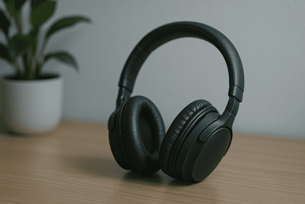 Over-ear black headphones rest on a light wooden desk next to a small green plant, representing auditory tools for concentration and energy without stimulants.