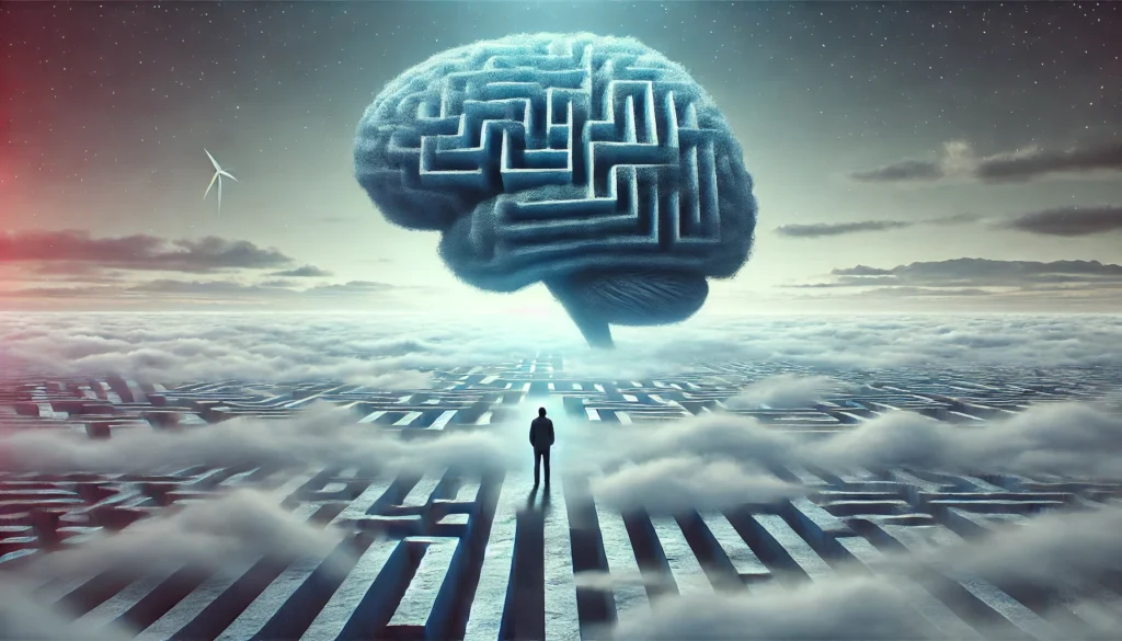 A surreal visualization of stress and memory loss, depicting a lone figure standing in a vast foggy landscape. Their head appears as a maze with missing pathways, representing difficulty in recalling information. The cool blue and gray tones create a sense of disorientation and cognitive strain.