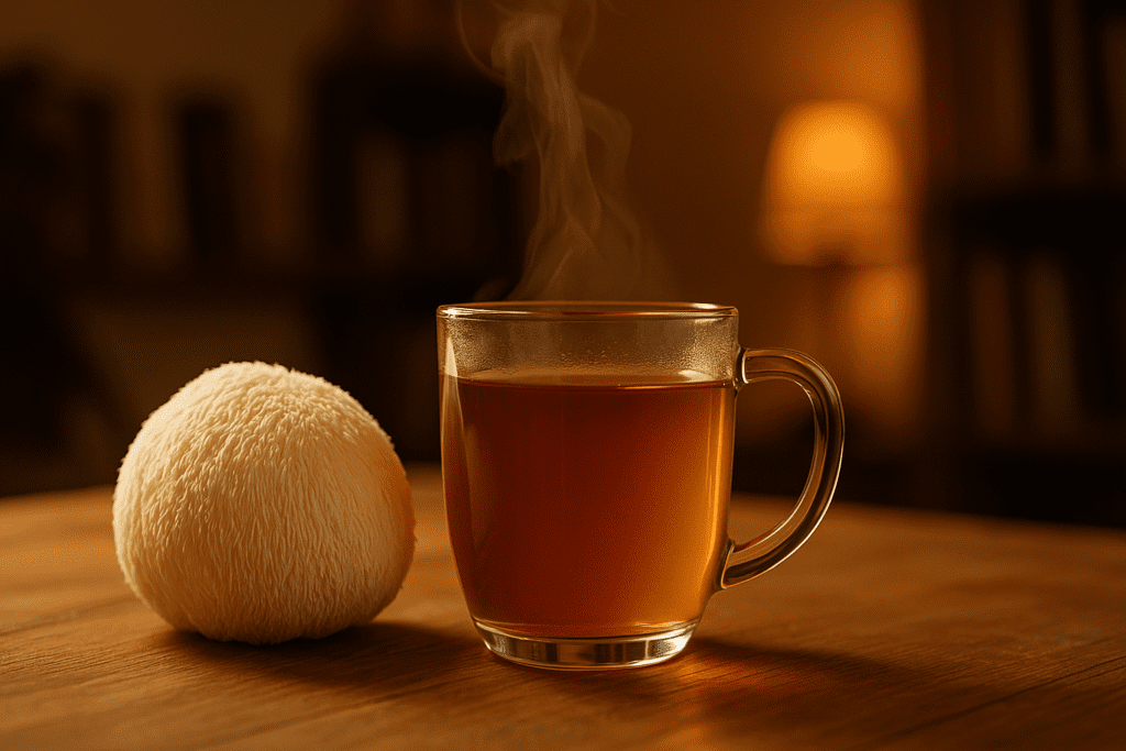 A steaming glass mug of Lion’s Mane mushroom tea sits on a rustic wooden table next to a fresh Lion’s Mane mushroom, bathed in warm indoor ambient lighting. The cozy setting and earthy tones evoke a calm environment ideal for brain health and mental clarity rituals.