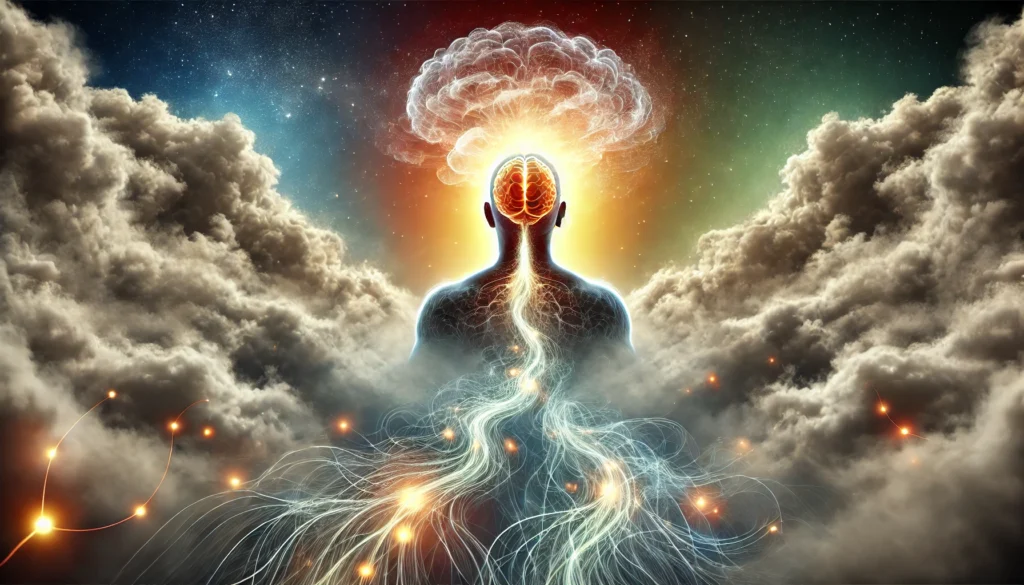 A conceptual representation of brain fog clearing, featuring a human figure emerging from swirling mist into a bright, clear environment, symbolizing mental clarity and cognitive rejuvenation.