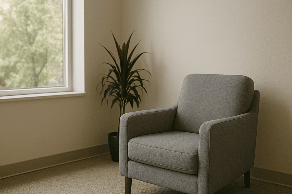A gray armchair is positioned near a large window with soft daylight and a tall plant, set against a minimalist cream wall in a therapy room.