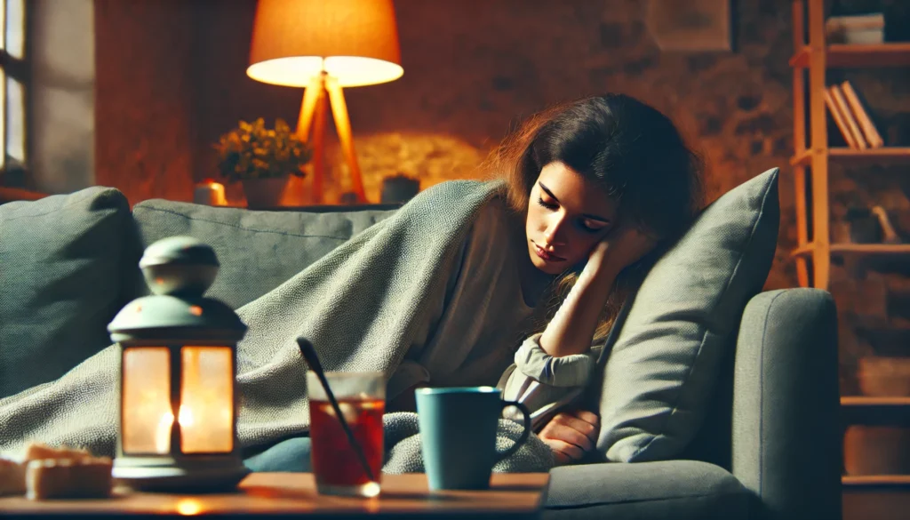 A woman with chronic fatigue syndrome resting on a couch, wrapped in a blanket with a cup of tea nearby, conveying the impact of extreme fatigue and the need for rest in a warm, subdued atmosphere.