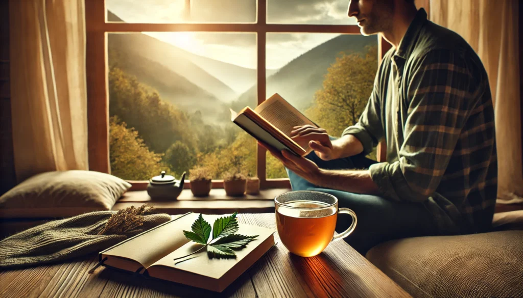 A peaceful scene of an adult reading a book by a large window with a scenic outdoor view, accompanied by a cup of herbal tea and a notebook, symbolizing focus, cognitive enhancement, and a relaxed mental state.