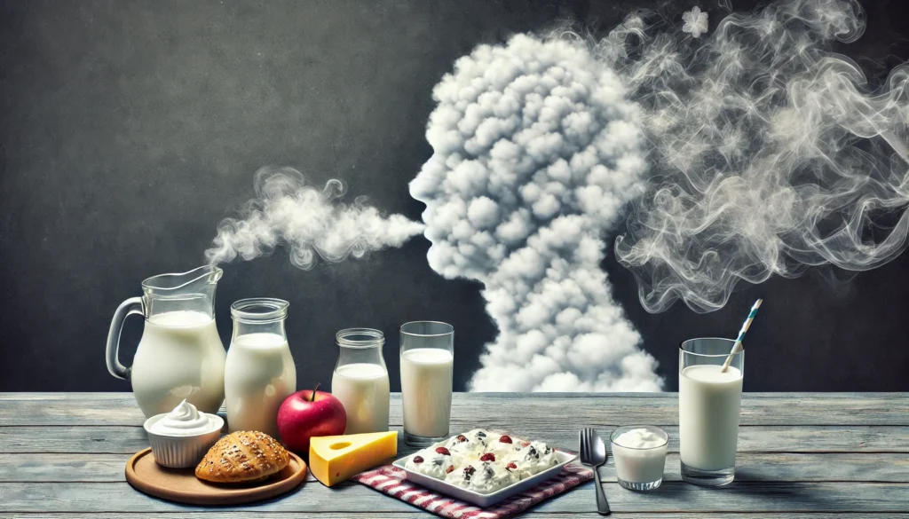 A conceptual illustration of a dairy-heavy meal featuring milk, cheese, and yogurt, with misty fog-like tendrils rising from the food and drifting toward a human head silhouette. The silhouette appears cloudy, symbolizing the potential cognitive effects of dairy consumption.