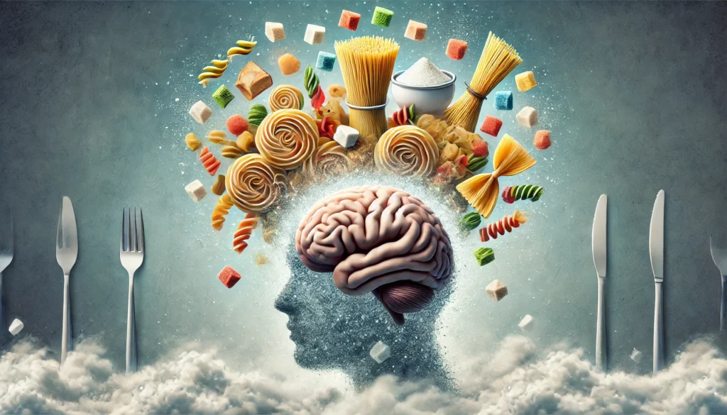 A conceptual illustration of a human brain encircled by swirling sugar cubes, pasta, and bread, with the background fading into a misty haze, representing the relationship between carbohydrates and brain fog.