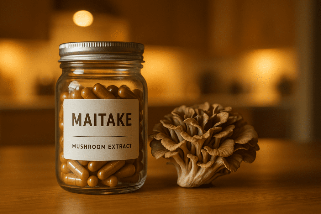 A jar of Maitake mushroom extract capsules sits beside a fresh mushroom on a wooden counter, lit with warm indoor ambient lighting in a modern kitchen. This cozy mid-range image symbolizes functional mushroom rituals and natural blood sugar support in a home wellness environment.