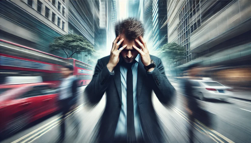 A disoriented man walking through a busy city street, holding his head as if experiencing dizziness, with a blurred background symbolizing cognitive fog and imbalance.
