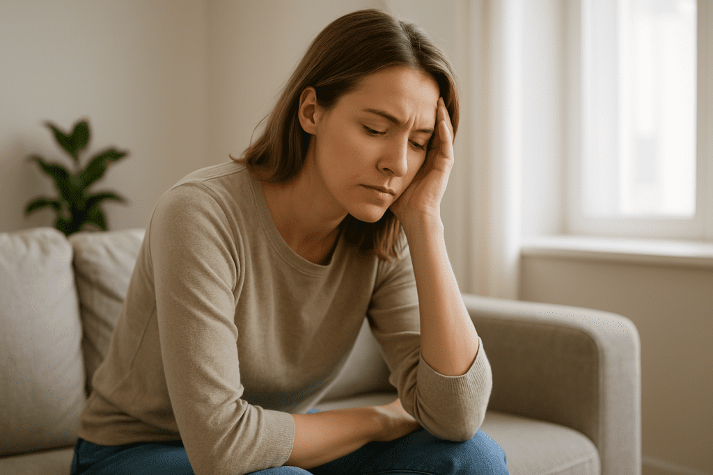 A digital photograph captures a Caucasian woman in her early 30s sitting on a beige couch, resting her head on one hand with a tired expression. Soft natural morning light enters from a nearby window, highlighting the room’s neutral tones and minimalist decor.