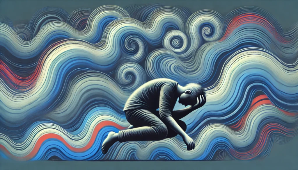 An artistic interpretation of vertigo-induced drowsiness. A person struggles to stay awake, their head drooping, surrounded by swirling, abstract waves representing dizziness. The colors transition from deep blues to soft grays, symbolizing fatigue and sleepiness.