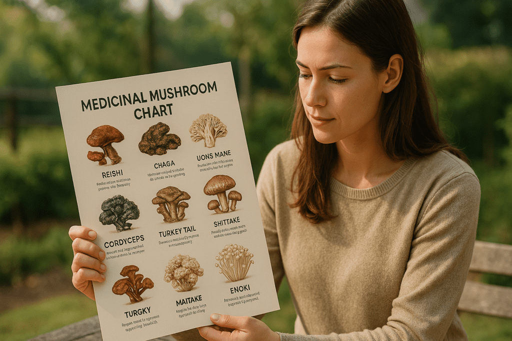 A focused close-up of a medicinal mushrooms chart displays six scientifically recognized fungi—Reishi, Lion’s Mane, Chaga, Cordyceps, Turkey Tail, and Maitake—each with bold titles, clear health benefits, and lifelike illustrations. The chart is lit with cool, clinical lighting against a dark slate background, enhancing its authoritative tone and emphasizing its educational value for natural health topics.