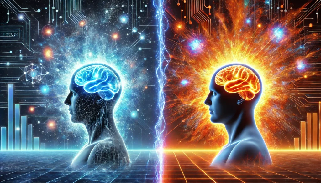 A side-by-side comparison of nootropic supplement effects: a person with a glowing blue aura symbolizing focus (Avantera Elevate) on the left, and another with an orange aura representing memory boost (Alpha Brain) on the right. A digital brain with energy waves connects them.