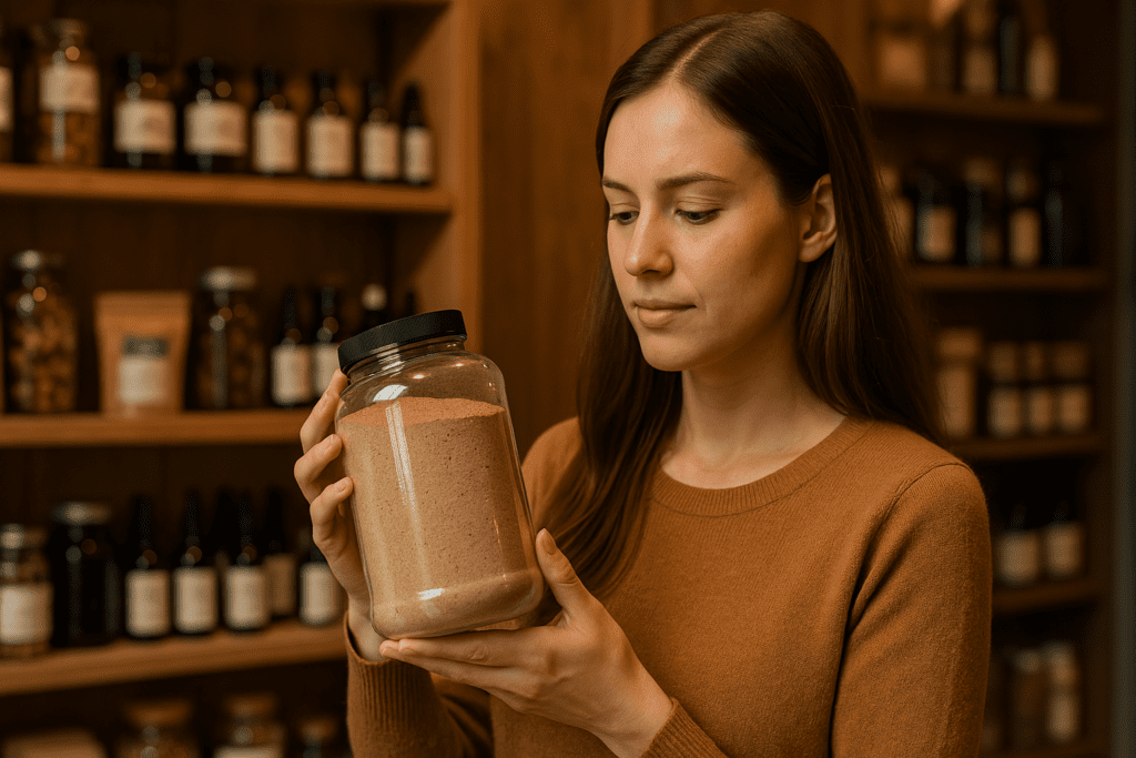 A young woman in a warm-toned health store examines a large jar of medicinal mushroom powder under cozy ambient lighting, emphasizing her careful attention and the earthy, natural appeal of the product. This image captures the experience of choosing high-quality mushroom powders from a trusted retail source.