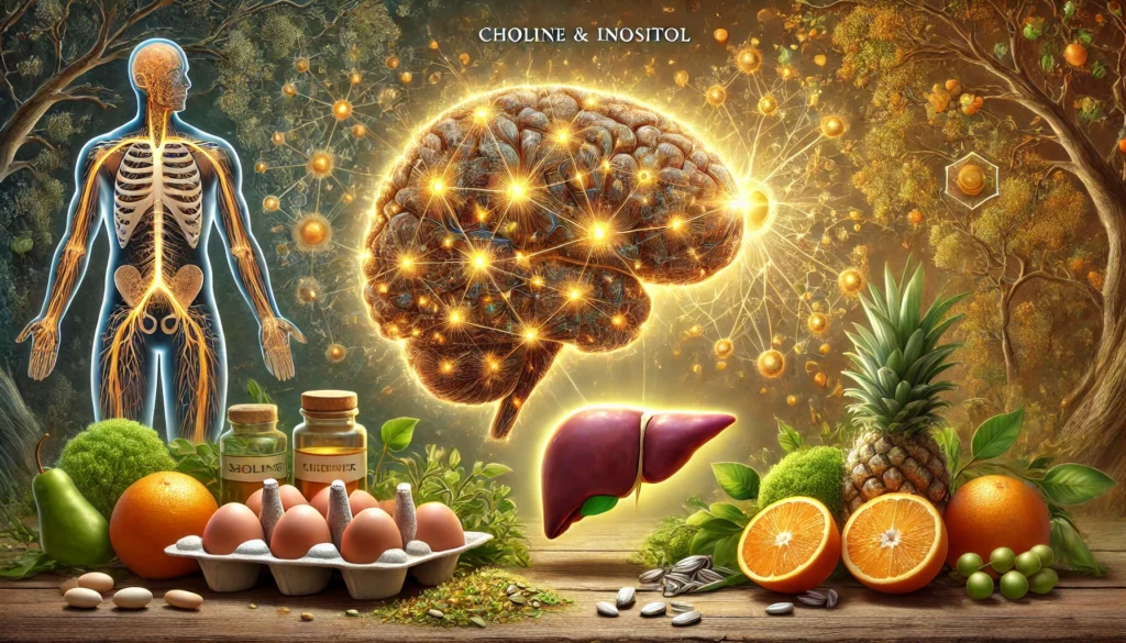 A detailed digital painting illustrating the effects of Choline and Inositol on the nervous system and liver health. The neural network glows with golden pathways representing enhanced cognition, while a healthy liver is enveloped in a radiant aura. Natural food sources like eggs, sunflower seeds, oranges, and green vegetables are arranged artistically in the foreground.