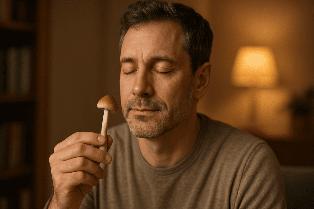 A middle-aged man with graying hair and a soft beard sits indoors in a warmly lit room, gently holding a psilocybin mushroom close to his face with his eyes closed. The ambient lighting and intimate setting convey a reflective mood, emphasizing the emotional and mental wellness benefits associated with microdosing mushrooms.