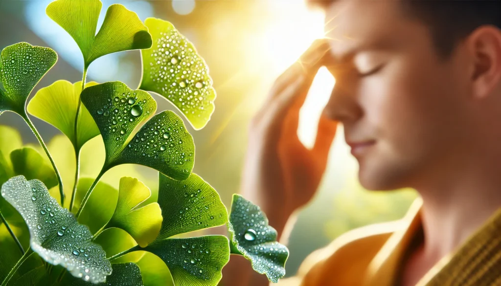 A close-up of fresh Ginkgo Biloba leaves covered in dewdrops, reflecting morning sunlight. A blurred figure in the background gently touches their forehead with a calm expression, representing potential migraine relief.