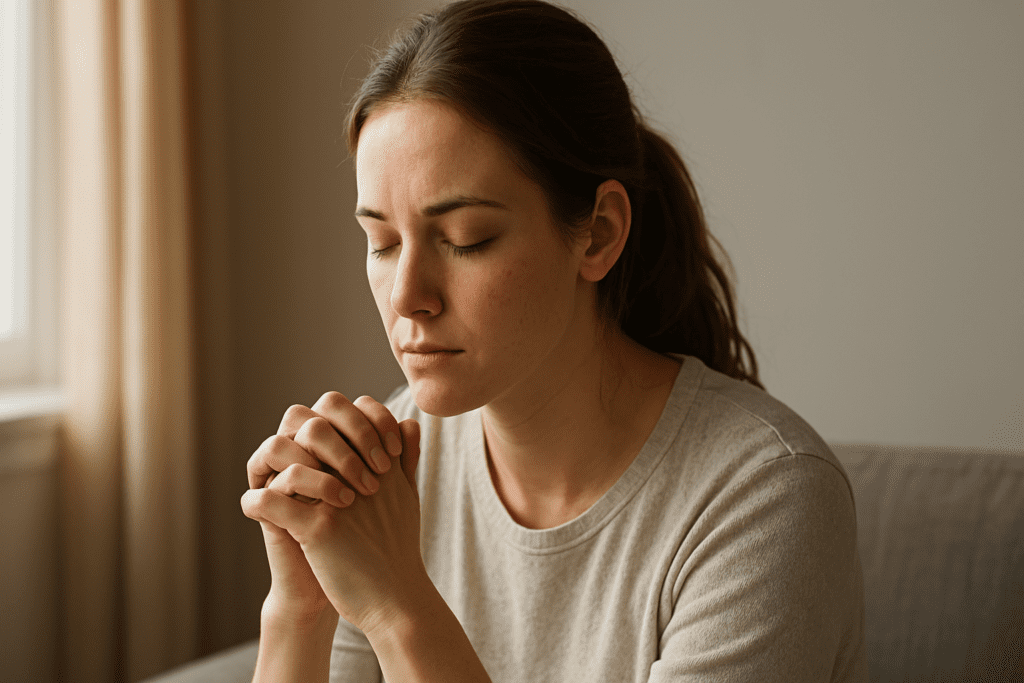 A young woman sits quietly with hands clasped and eyes closed, bathed in soft morning light from a nearby window, reflecting a moment of peaceful focus and mental clarity.