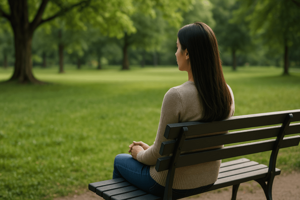 Woman sitting alone on a park bench in soft daylight, gazing into green trees, representing peaceful reflection.