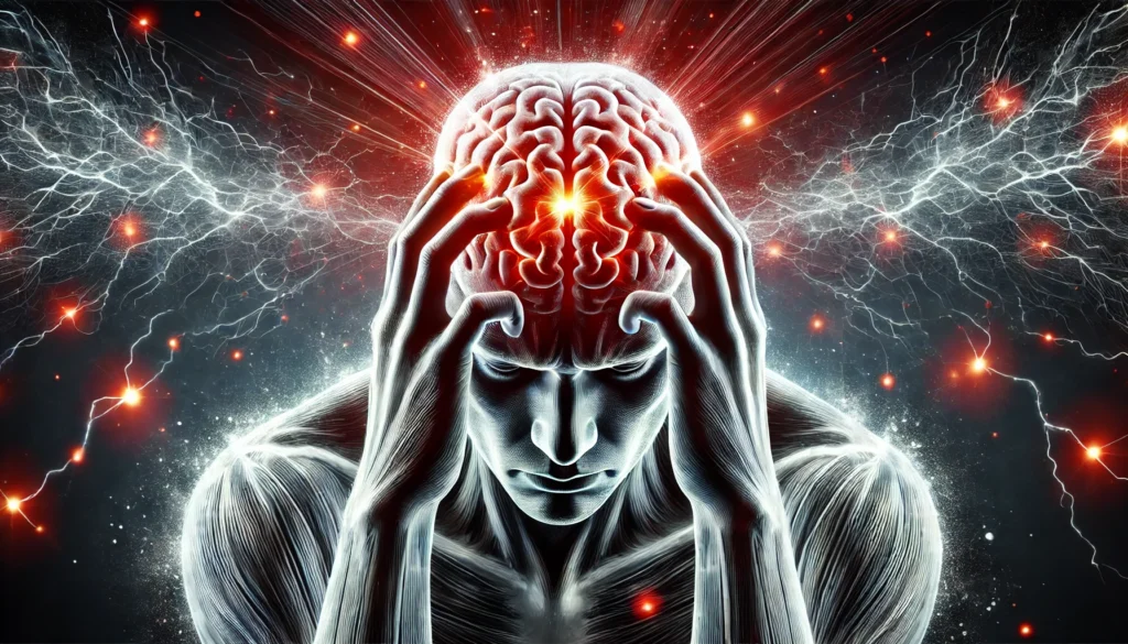An artistic representation of a severe headache affecting cognitive function, showing a person clutching their head with glowing red pressure points around the temples, symbolizing intense pain and mental strain.