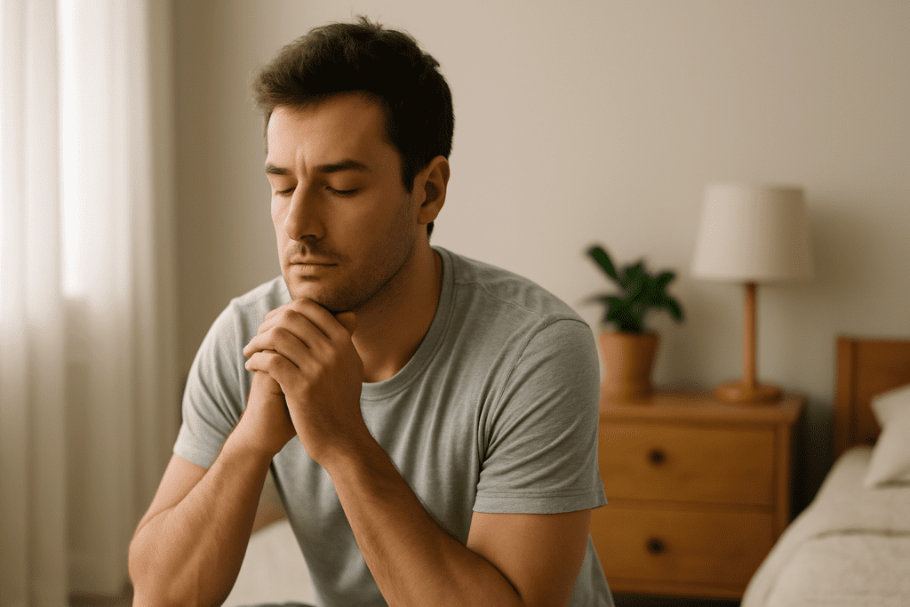 A young man sits quietly on the edge of a bed in a softly lit room, hands clasped at his chin, with eyes closed in peaceful reflection. Natural morning light filters through sheer curtains, casting a gentle glow on the neutral-toned space.