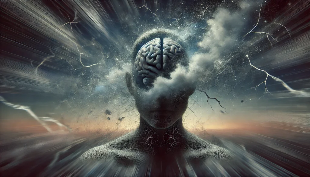 A surreal depiction of a person struggling to stay awake, with their head dissolving into a cloud of fragmented neurons and thoughts, representing cognitive confusion due to sleep deprivation.