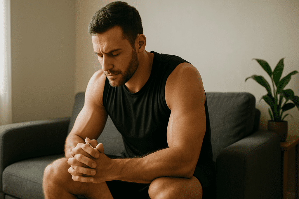 A light-skinned man in athletic wear sits on a dark gray sofa in a minimalist room, gazing downward with hands clasped in deep thought, bathed in soft morning light.