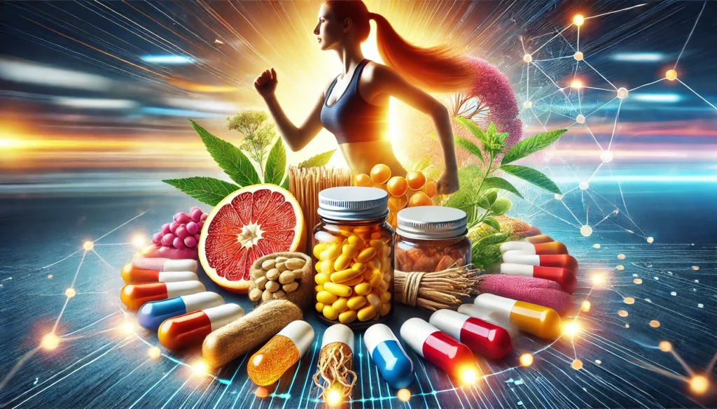 A dynamic close-up of natural and synthetic OTC energy boosters such as caffeine pills, ginseng extracts, and vitamin B12 supplements. The backdrop subtly illustrates an active lifestyle with a jogger and a focused professional, representing energy and mental alertness.