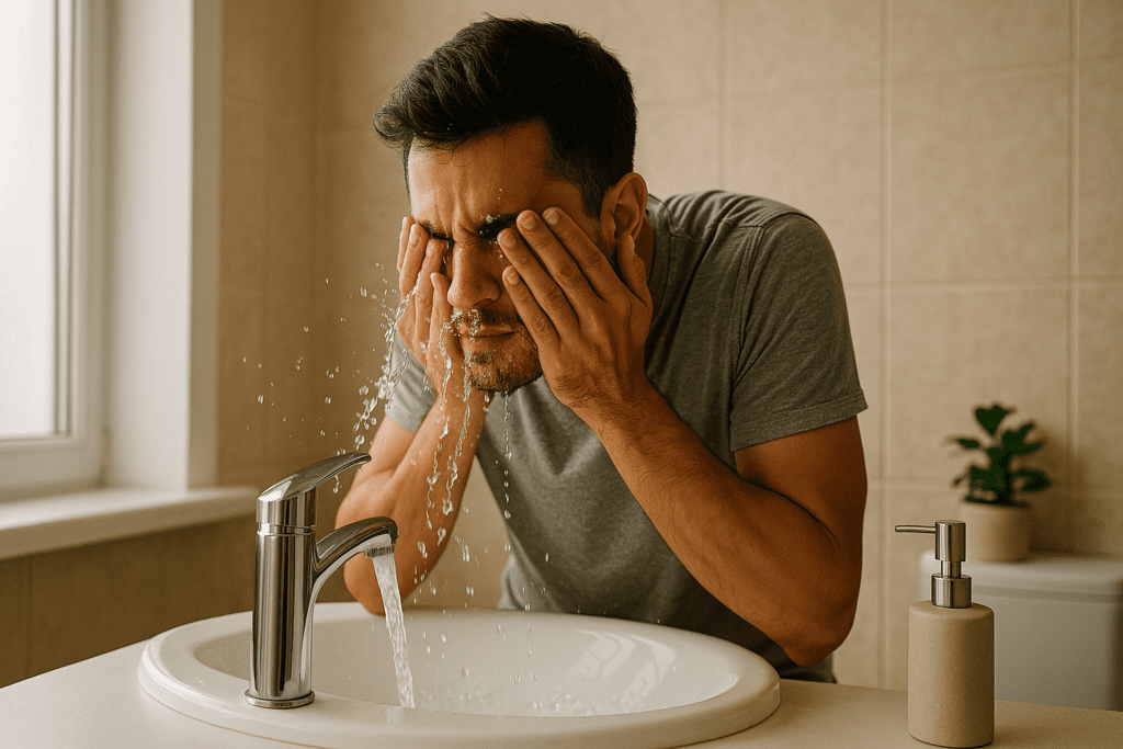 A man splashes cold water on his face in a bright bathroom, invigorating himself with a refreshing wake-up routine.