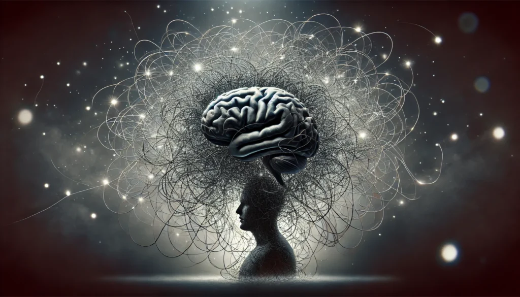 A symbolic image of a human brain appearing as a tangled mass of wires, representing stress, confusion, and cognitive overload against a dark background with a soft glow.