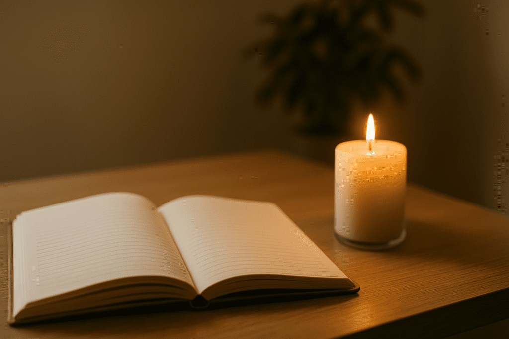 A lit candle beside an open journal on a wooden desk, with soft shadows and a potted plant blurred in the background, creating a cozy and peaceful atmosphere.