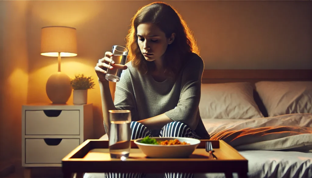 A young woman sitting on her bed in a dimly lit room, looking fatigued and weak. She holds a glass of water but appears uninterested in drinking, with an untouched tray of food on the bedside table, highlighting loss of appetite and exhaustion.