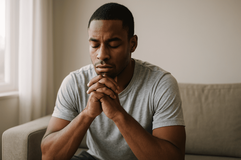 A young African American man sits on a beige couch in a softly lit room, his eyes closed and hands clasped under his chin in quiet reflection. Natural morning light filters through a sheer curtain beside him, creating a calm and contemplative atmosphere.