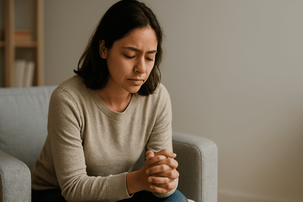 A young woman with a calm expression sits in a light gray armchair, hands clasped, eyes closed, and head slightly bowed in quiet reflection, bathed in soft morning light with a neutral-toned wall and bookshelf in the background.