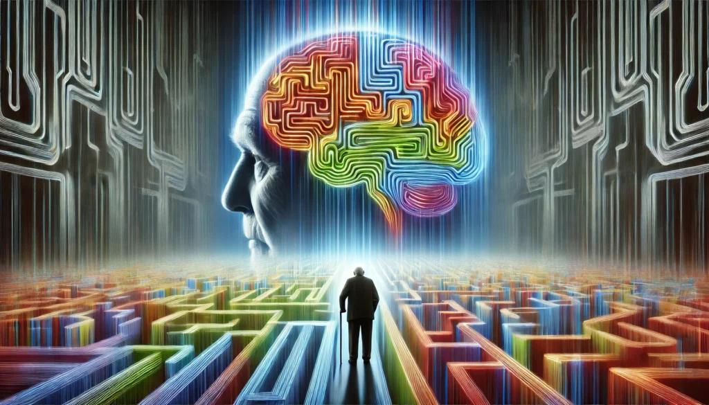 A symbolic image of cognitive decline, portraying an elderly person facing a maze-like brain structure with fading pathways, highlighting memory loss and confusion.
