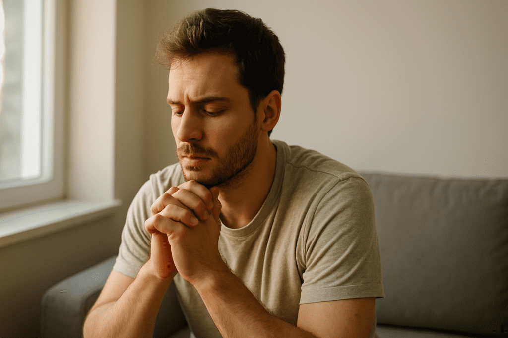A young man with tousled dark hair and a light beard sits quietly on a gray sofa, his hands clasped in front of his face in a reflective posture. Soft morning light filters through a nearby window, casting gentle shadows across the neutral-toned room.