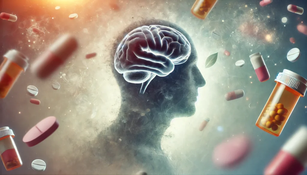 A conceptual illustration of a human silhouette with a blurred, foggy brain, surrounded by floating medicine bottles and pills, symbolizing the impact of medications on cognitive clarity.