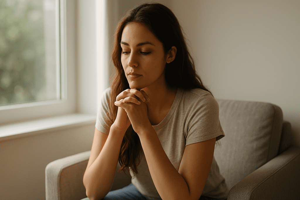 A young woman with long brown hair sits quietly in a soft gray armchair near a window, her hands clasped in front of her chin in a reflective posture. Natural morning light casts gentle shadows across her face and neutral-toned t-shirt, creating a calm and serene atmosphere.