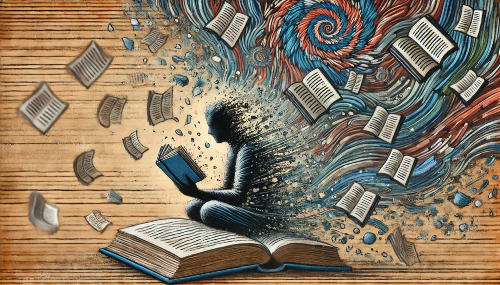 A conceptual artwork of a person trying to read a book while the text dissolves into the air, symbolizing anxiety-induced focus problems. The abstract background features swirling patterns representing distractions and mental chaos.