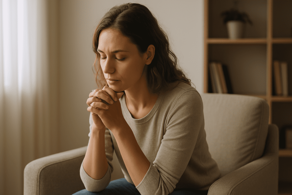 A woman in her late twenties sits quietly in a beige armchair, hands clasped in front of her face in a thoughtful pose. Soft afternoon light filters through a nearby window, casting a gentle glow on her face and creating a calm, introspective atmosphere.