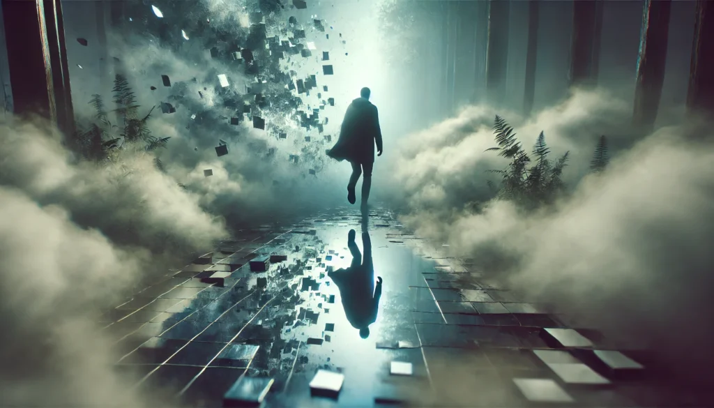A surreal scene of a person walking through dense fog with a distorted and fragmented reflection in a water puddle, symbolizing the disorientation and confusion caused by anxiety. The moody, diffused lighting enhances the sense of being mentally lost.
