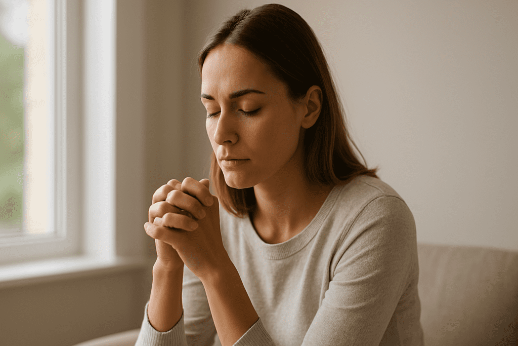 A young woman sitting by a large window, deep in thought with her hands clasped together, bathed in soft natural light from outside. Her light brown hair is tucked behind her ears, and she is wearing a beige sweater, exuding a calm and peaceful ambiance.