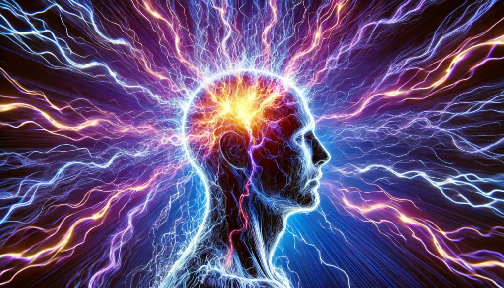 An artistic representation of anxiety and overstimulation, featuring an abstract human head with chaotic electrical impulses surrounding it. The deep blue and purple gradient background conveys heightened brain activity and mental strain, illustrating the sensation of a buzzing head.