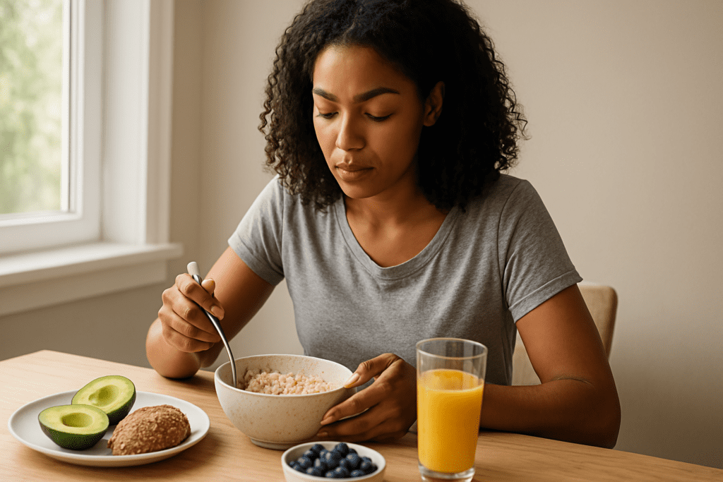 A young African-American woman with curly hair sits at a wooden table eating oatmeal, with avocado, whole grain bread, blueberries, and orange juice beside her, in soft natural morning light.