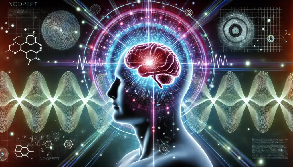 A human silhouette with a radiant brain emitting energy waves, representing improved memory, focus, and mental clarity.
