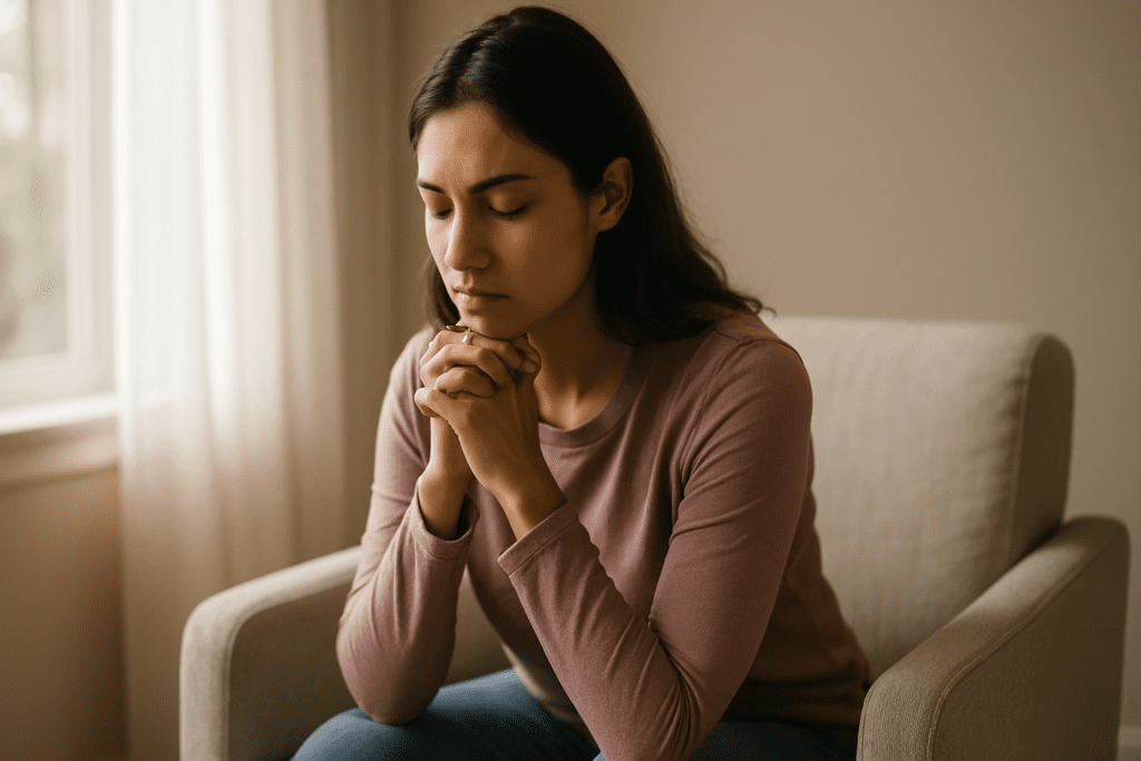 A young woman with long dark hair sits in a beige armchair near a window, hands clasped beneath her chin, eyes closed in quiet reflection. Soft natural morning light filters through sheer curtains, creating a calm, contemplative mood.