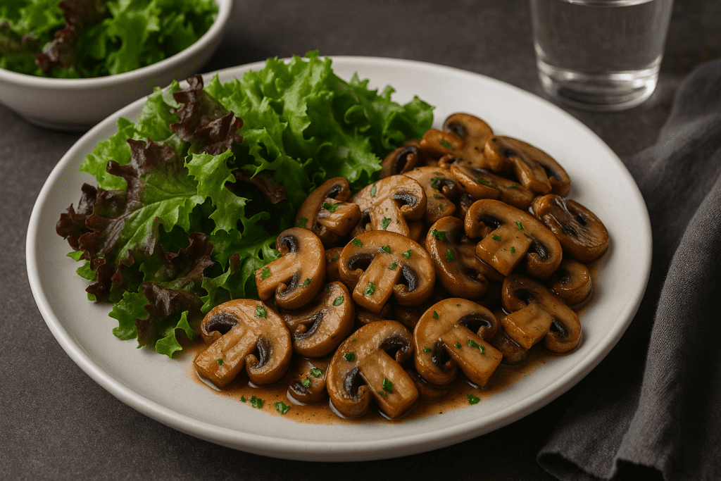 A variety of fresh mushrooms including oyster, enoki, cremini, portobello, and white button mushrooms arranged on a round wooden plate and scattered on a beige surface, highlighting the nutritional diversity of daily mushroom consumption.
