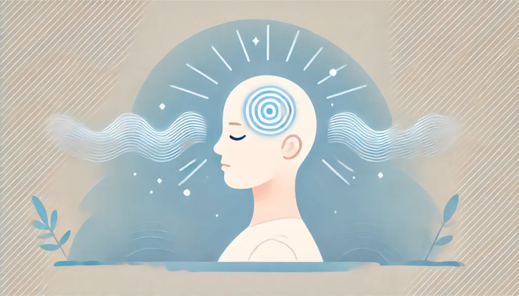 A peaceful individual with their eyes closed, taking deep breaths while surrounded by soft waves of light, representing calmness, mindfulness, and relief from head pressure.