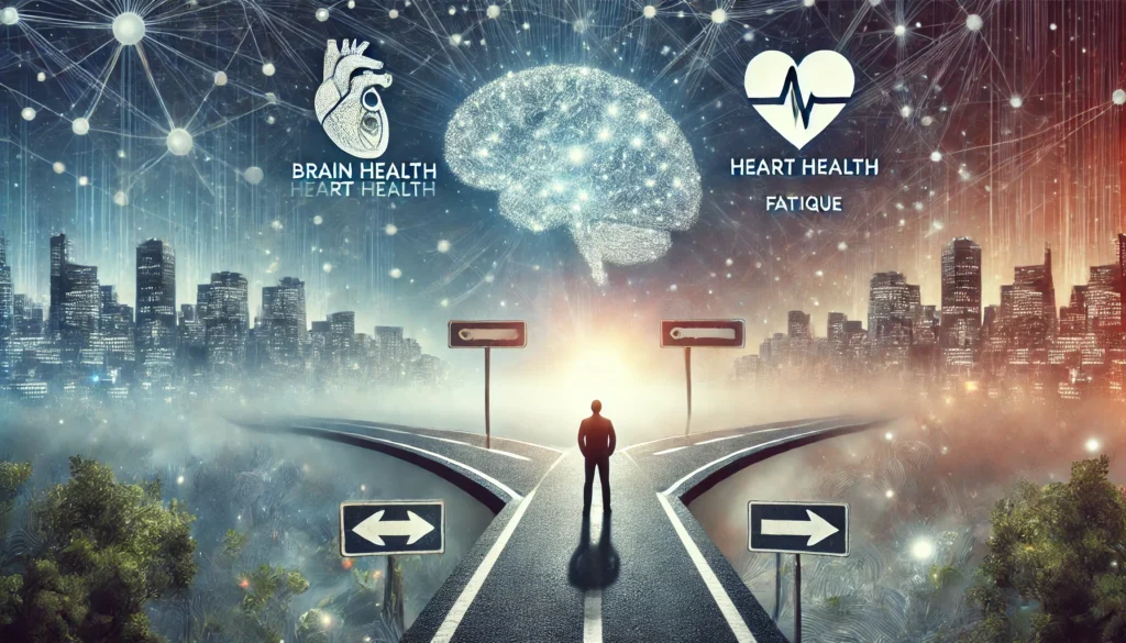 "Conceptual artwork showing the long-term safety risks of Vyvamind, with a person at a crossroads between cognitive enhancement and potential side effects."