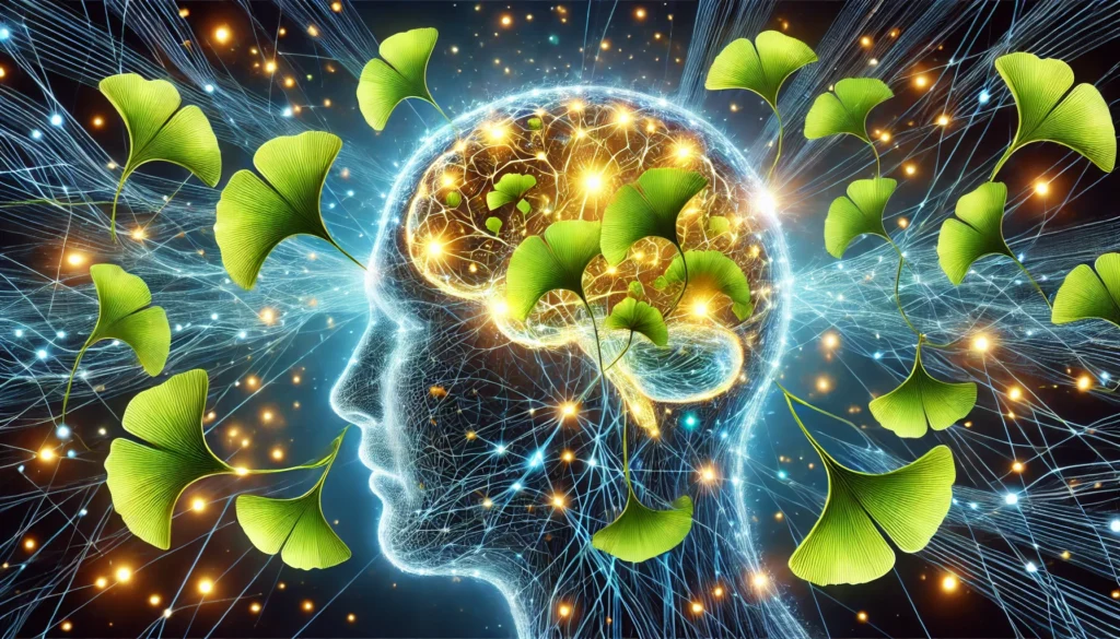 An artistic depiction of a human brain with glowing neural pathways, interwoven with vibrant green Ginkgo biloba leaves, symbolizing cognitive enhancement and potential seizure relief.