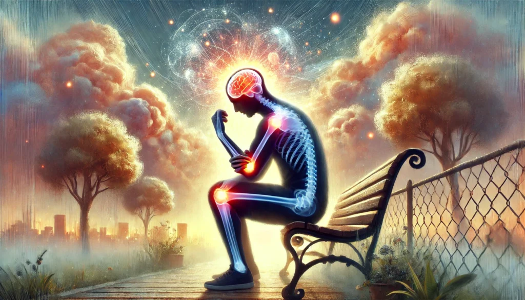 A symbolic painting of a person sitting on a bench, holding their aching joints, with a glowing, swirling fog around their head indicating mental cloudiness. The environment is slightly blurred, with warm light in the distance representing hope and solutions. Natural elements like trees create a healing ambiance.